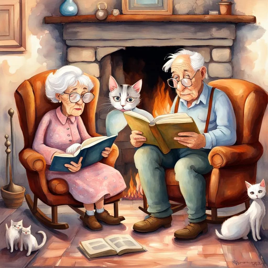 An elderly couple reading stories together by the fire